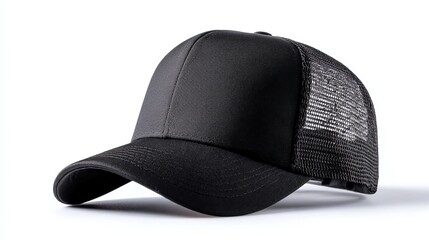 Sleek black trucker cap with breathable mesh back offers cool, modern style for any casual outfit or promotional needs, perfect for outdoor adventures and branding.