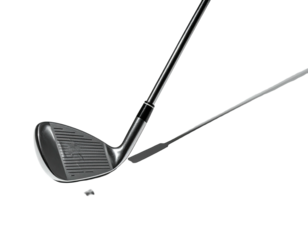 A close-up of a golf club poised above a small rock, against a black backdrop