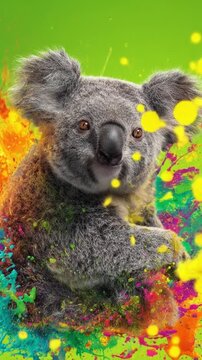 A fluffy gray koala clings to a branch, amid bright splashy colors and playful glow. Bright colors.!