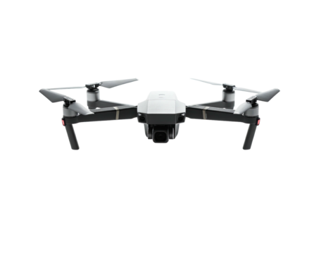 Compact, aerial drone with four propellers and a built-in camera, black and white