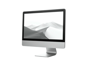Silver desktop computer with large screen showing monochrome desert landscape