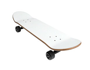 A white skateboard with black wheels, sitting against a black background