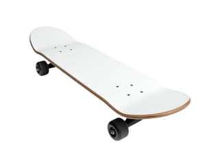A white skateboard with black wheels, sitting against a black background