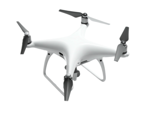 Modern quadcopter drone with four propellers, aerial view, isolated on black