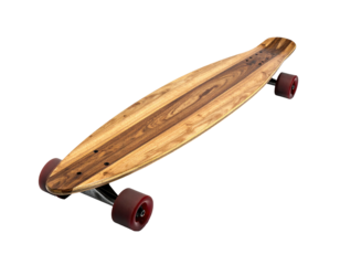 Longboard isolated on a black background, wooden deck, red wheels, and black trucks
