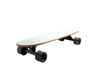 An electric longboard with white top, wooden sides, and black wheels, suspended