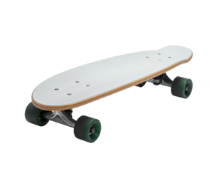 Wooden longboard skateboard with green wheels, isolated on a black background