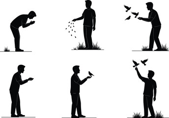 Silhouette person with birds, feeding, releasing, holding, nature interaction, wildlife care, freedom
