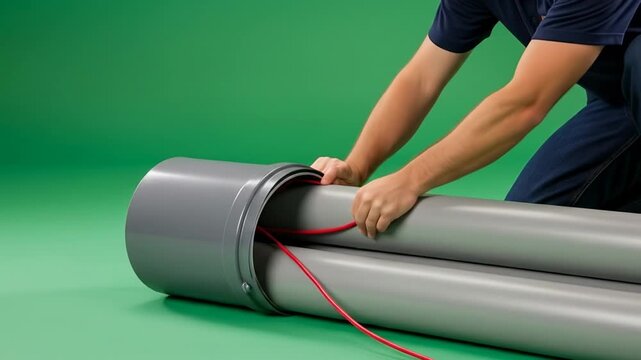 Man connecting electrical wires to gray pvc pipes in studio