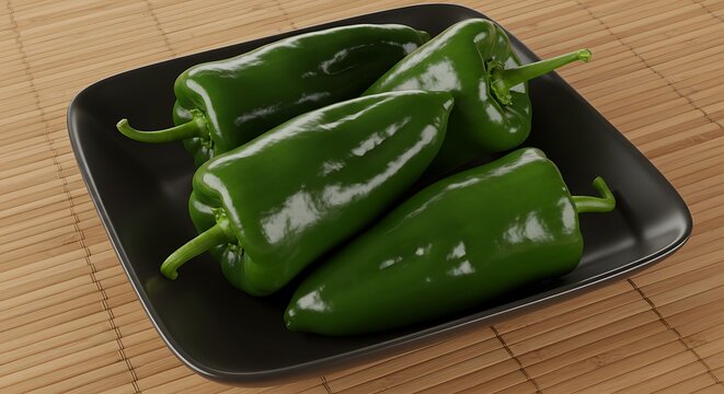 Four Shiny Green Poblano Peppers on a Black Plate on Bamboo Mat
