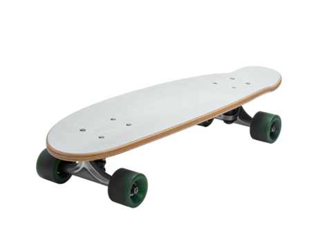 Wooden longboard skateboard with green wheels, isolated on a black background