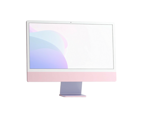 Front-facing computer monitor with pastel pink color and white background