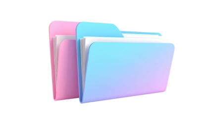 Two colorful, 3D-rendered file folders with papers spilling out, set on black