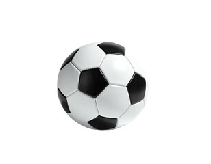 A classic black and white soccer ball, perfectly round, isolated on a black background