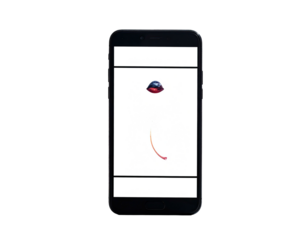 Phone showing a digital animation of a blue shape falling down a curved line