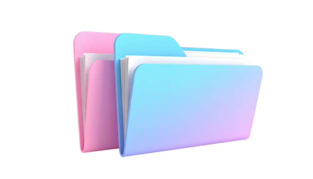 Two colorful, 3D-rendered file folders with papers spilling out, set on black