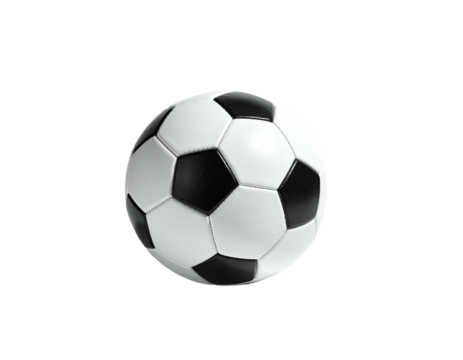 A classic black and white soccer ball, perfectly round, isolated on a black background