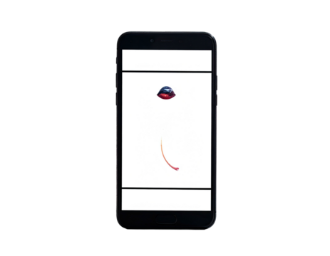 Phone showing a digital animation of a blue shape falling down a curved line