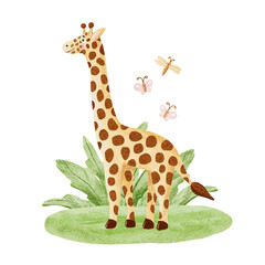 Watercolor giraffe and butterflies in jungle kids drawing illustration isolated on white. African safari animal with green palm trees for children nursery design. Simple clip art in childish style