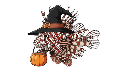 Spooky Seas: An artistic illustration presents a vibrantly colored Lionfish playfully adorned with a witch's hat, carrying a pumpkin.