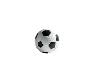 A 3D rendered soccer ball, black and white, isolated on a stark black background