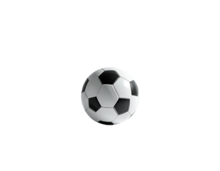 A 3D rendered soccer ball, black and white, isolated on a stark black background