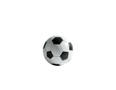 A 3D rendered soccer ball, black and white, isolated on a stark black background