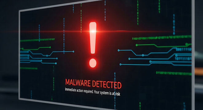 Computer Screen Displaying Malware Detected Alert with Exclamation Mark warning security