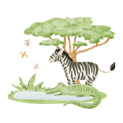 Zebra and crocodile in lake and savannah acacia tree watercolor drawing in child style illustration isolated on white. African safari cute animals with butterflies. Pastel children hand drawn scene