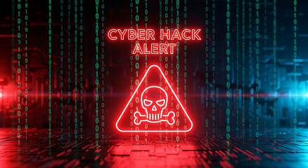 Cyber Hack Alert with Skull and Crossbones Icon and Binary Code Background warning