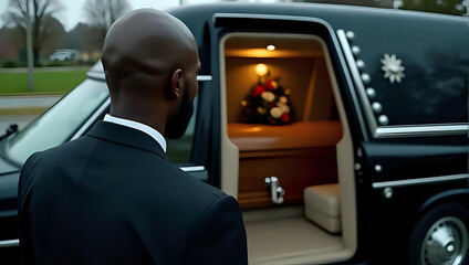 African American funeral director in dark suit and gloves standing by wooden coffin with flower arrangement into black hearse, solemn outdoors, overcast day - respect, last journey, grief, mourning