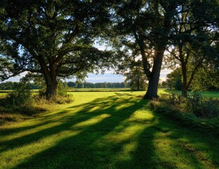 Obraz premium Sunlight filtering through trees onto a grassy field