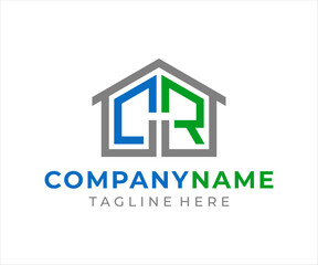 The logo design combines the letters CR and a house, using the colors gray, blue, and green.
