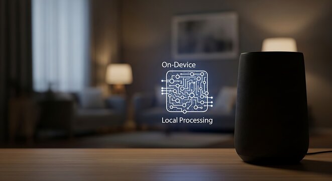 On-Device Local Processing on a Smart Speaker for Enhanced Security and Privacy. Edge Computing and AI Technology in a Modern Smart Home Living Room Concept.