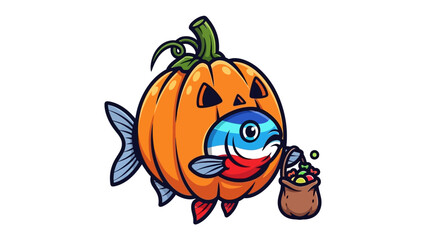 Halloween Fish Mascot: A whimsical illustration featuring a fish inside a carved pumpkin, celebrating the Halloween season, adding joy and color, creating unique artwork