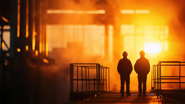 Captivating industrial scene featuring two workers silhouetted against vibrant sunset, evoking sense of teamwork and dedication