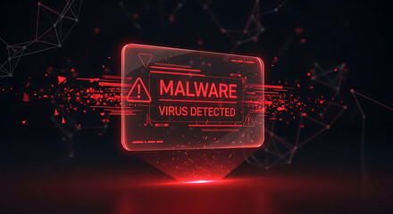 Holographic Malware Virus Detected Alert Screen with Red Particles warning