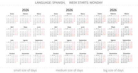 2026 spanish simple calendar. Vector illustration for Spain with different size days