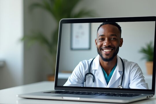 Remote Telemedicine Consultation with an African Doctor: Virtual Background on Laptop Screen. Media banner with diverse copy space, showcasing patient and physician interaction online.