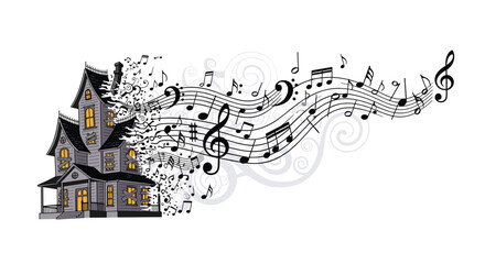 Obraz premium Haunted House Emitting Musical Notes and Melodies, Generative AI.