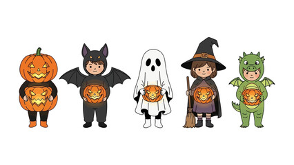 Halloween Costume Parade: A charming illustration showcases a delightful collection of children dressed in festive Halloween costumes, each holding a jack-o'-lantern.