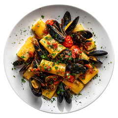  A plate of paccheri pasta with mussels tomatoes and parsley png