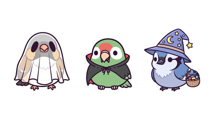 Spooky avian costumes: A trio of charming birds don festive halloween costumes. capturing a heartwarming blend of cuteness and holiday spirit.