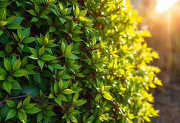 Obraz premium Dense, thorny bush with vibrant green leaves, sunlight dappling through, detail, flora