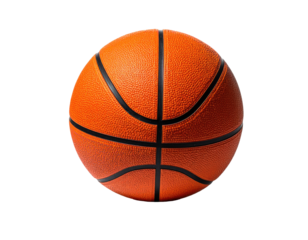 An isolated orange basketball, marked with black lines, set against a dark background