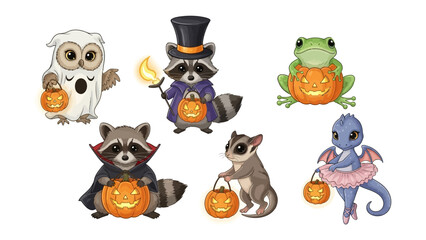 Whimsical Halloween Creatures: A captivating collection of animated forest friends, playfully attired in Halloween costumes, bearing jack-o'-lanterns, bringing an aura of mystery and excitement.