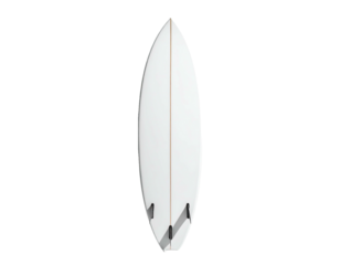 An overhead shot of a sleek, white surfboard against a stark black background