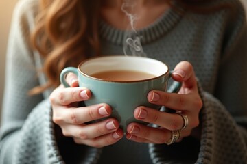 Woman holding a cup of tea with steam rising: Cozy, Warmth, and Relaxation