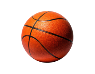 Realistic basketball against black background, showing the iconic orange and black