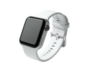 Modern smartwatch with white strap, dark screen, and gray metal casing